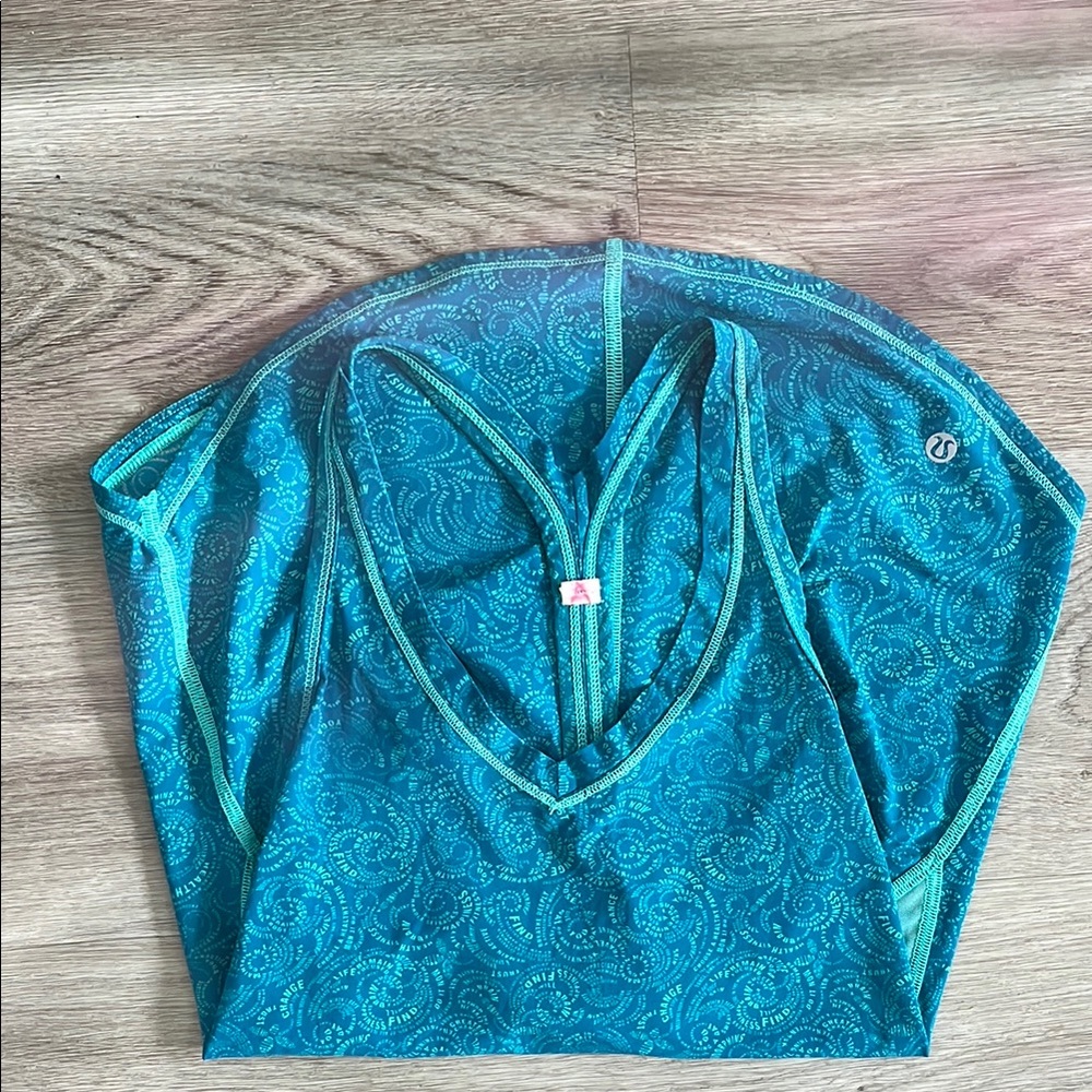 Lululemon Teal Tank with Workout Affirmation print & mesh sides